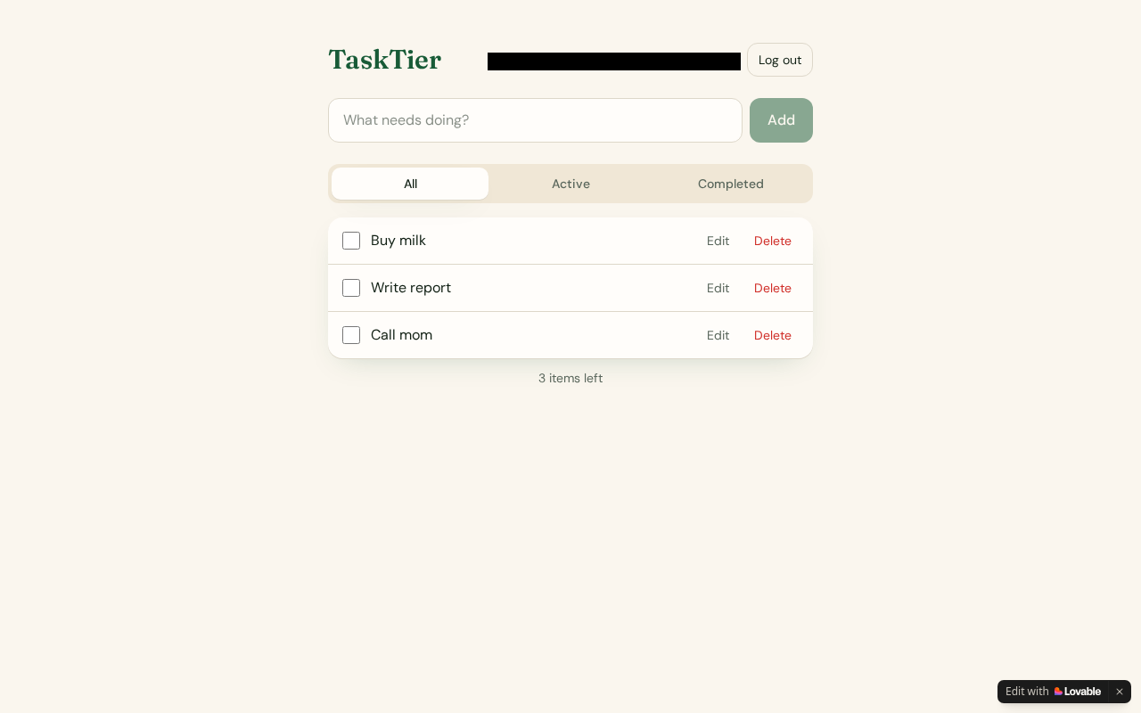 Lovable app: three to-dos added
